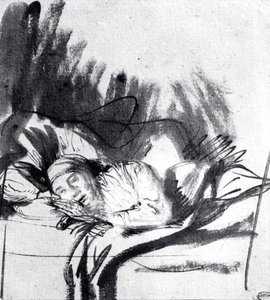 Mujer enferma en una cama, tal vez Saskia, esposa del pintor, c.1640 de Rembrandt van Rijn